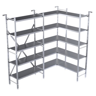 Kulmamallin lattiahyllyt, koottava ja säädettävillä tasoilla