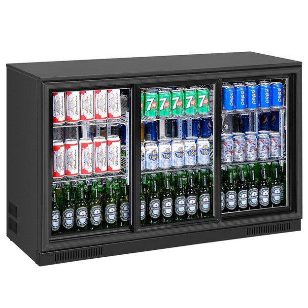 Baaritiskin lasiovikylmäkaappi Temptech BB338B3S, peilisisustalla