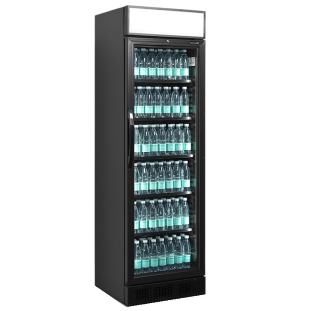 Lasiovikylmäkaappi Tefcold CEV425CP, mustalla sisustalla ja mainosvalokotelolla