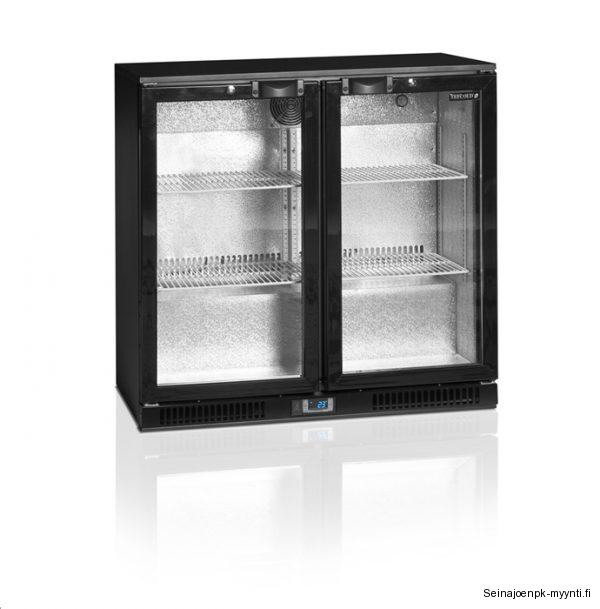 Pariovellinen Backbar kylmäkaappi soveltuu ravintolatiskien, aulabaarien, yökerhojen ja markettien myyntikalusteeksi juomille.