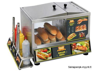 Hot Dog asema Roller Grill HDS 60 on houkutteleva myyntikaluste Hot Dog tuotteille. Laitteessa on kaksi osaa, höyrystin nakeille ja sämpylän lämmitin. Hot Dog asema on kauttaaltaan ruostumatonta terästä. Helppo käyttää ja puhdistaa irtoavien osien ansiosta. Sämpylöille ja nakeille omat lämpötilan säätimet.