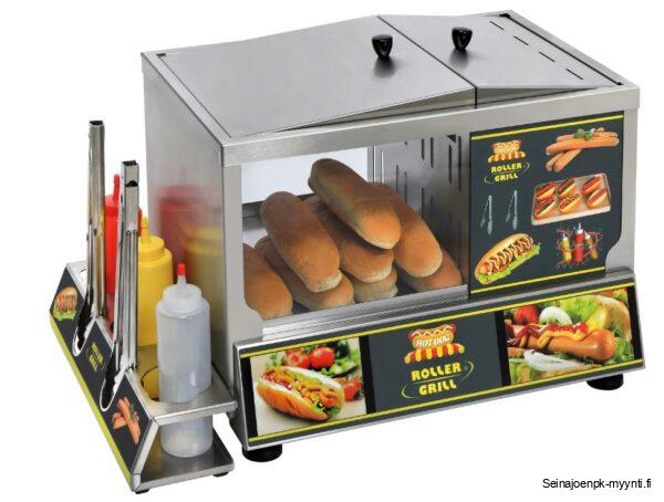 Hot Dog asema Roller Grill HDS 60 on houkutteleva myyntikaluste Hot Dog tuotteille. Laitteessa on kaksi osaa, höyrystin nakeille ja sämpylän lämmitin. Hot Dog asema on kauttaaltaan ruostumatonta terästä. Helppo käyttää ja puhdistaa irtoavien osien ansiosta. Sämpylöille ja nakeille omat lämpötilan säätimet.