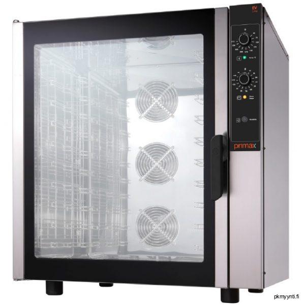 Primax kiertoilmauuni ravintolakäyttöön. EV-UME910-LS mallissa on 10 johdeparia, joissa voi käyttää GN 1/1 mitoitettuja astioita sekä vaihtoehtoisesti 600 x 400 mm mittaisia leipomopeltejä.