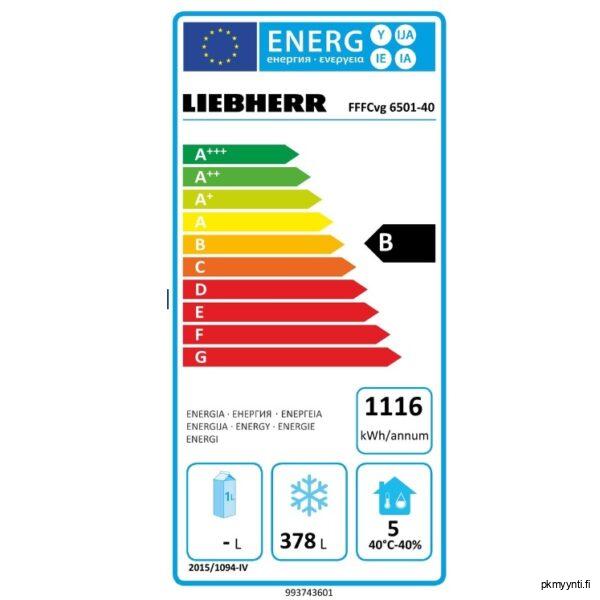 Ammattikäyttöön tarkoiteun Liebherr FFFCVG 6501 Perfection pakastekaapin energialuokitus on B.